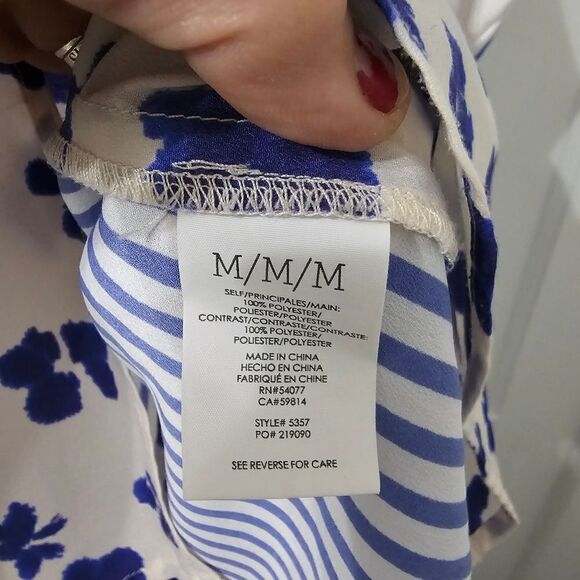 Cabi Hi Low Top Tunic M Striped Floral Blouse Blue White Tank Slit Back #5357 - Picture 4 of 7